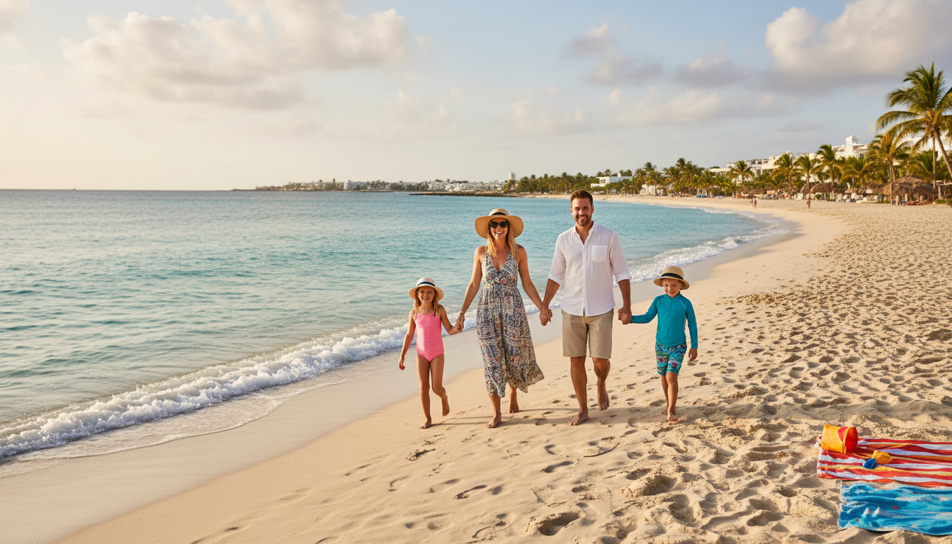 Šťastná rodina se dvěma dětmi na pláži - let z Prahy